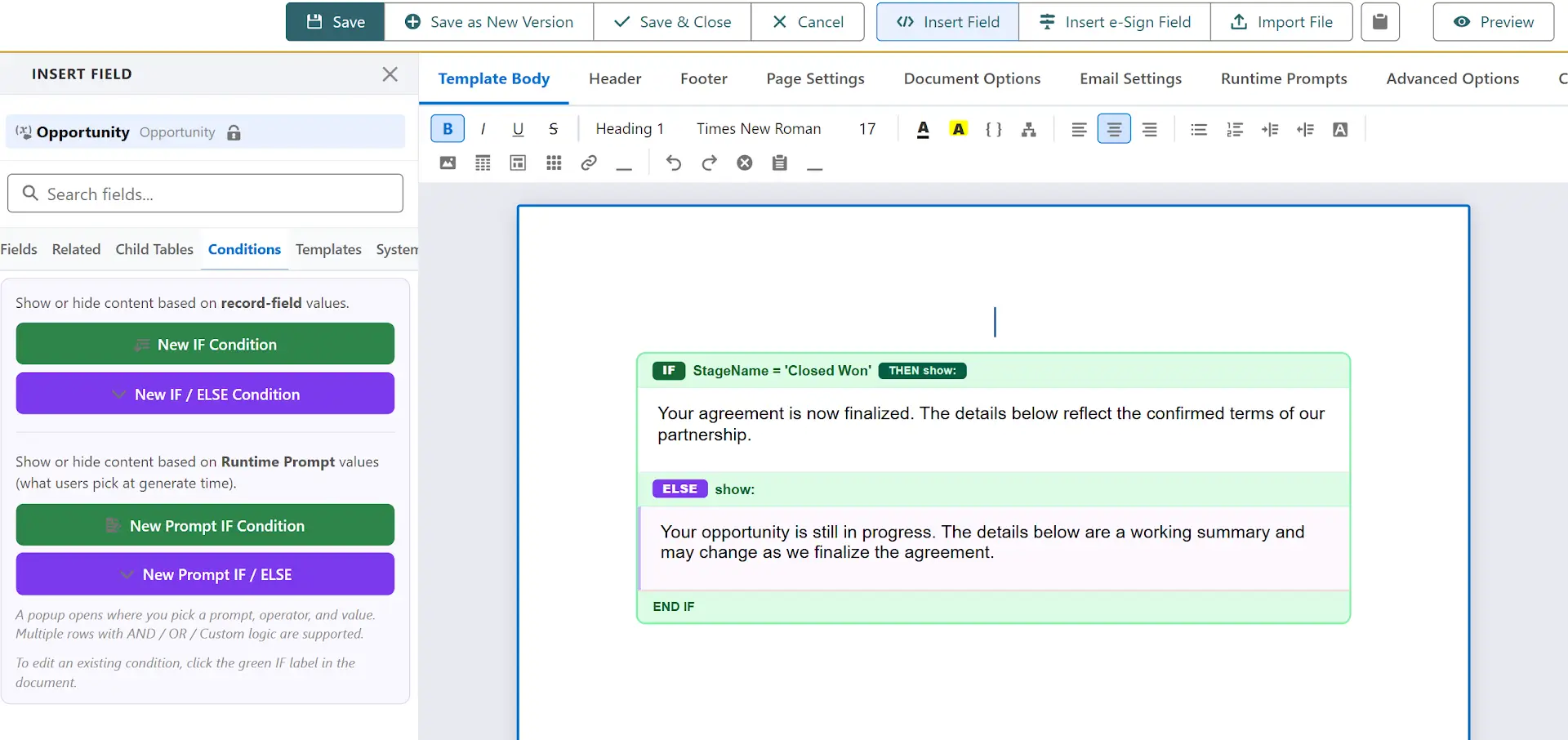 Salesforce conditional document logic — IF/THEN rules applied automatically in Dochly